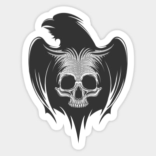 Silhouette of raven with human skull Tattoo. Emblem of death and witchery.Mythological symbol. Sticker